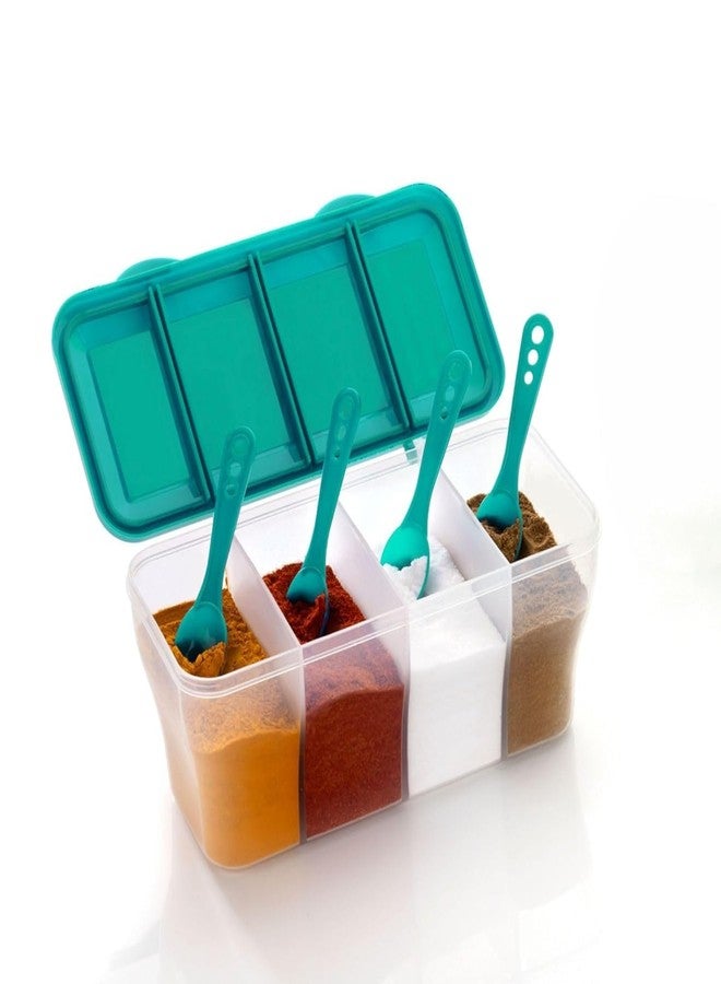 OLMARTT KITCHENWARE Sr Plastic 4 in 1 Multipurpose Masala Box for Kitchen Spice Boxes for Kitchen Transparent 4 Compartment Storage Containers Airtight Grocery Cereal1800 Ml with 4 Spoons (Multicolor) - Image 1